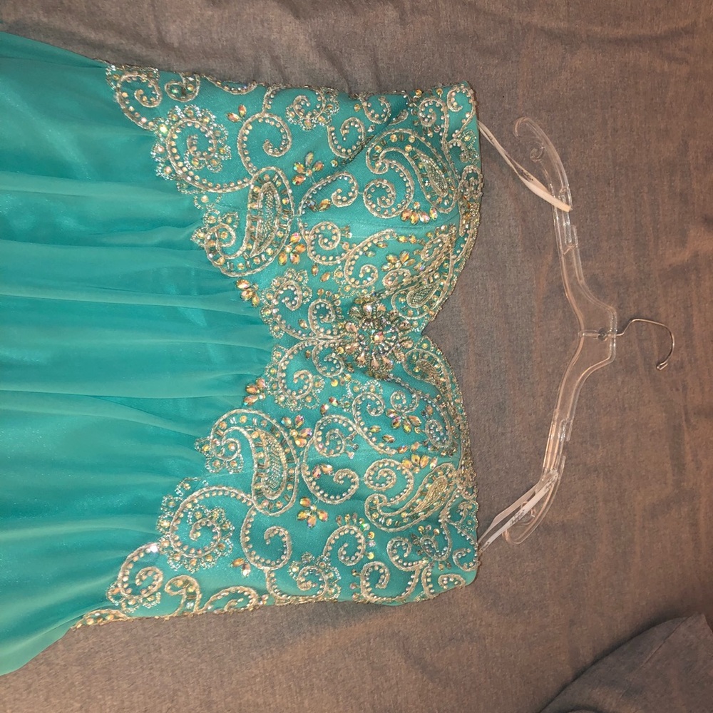 TEAL EMBROIDERED PROM DRESS